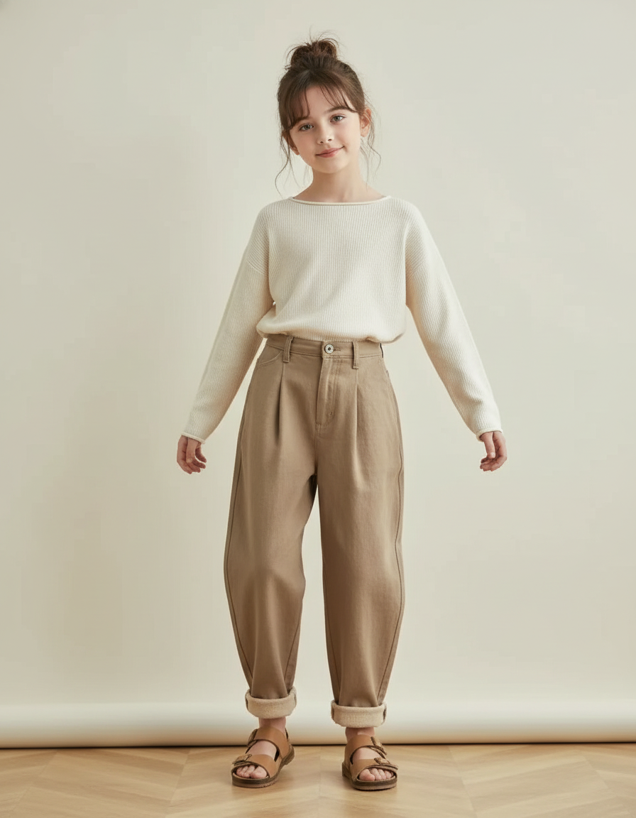 Pantalon Baggy Fille Kaki Taille Haute - Beige Toile