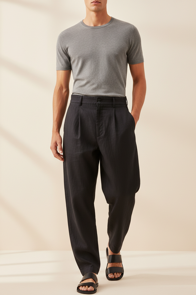 Pantalon Baggy Homme Noir Taille Haute Toile - Lin