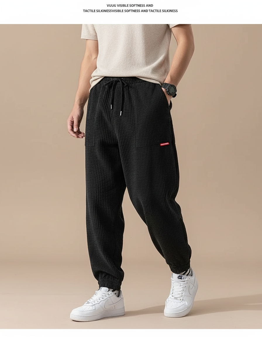 Pantalon Baggy Noir Velours Côtelé Ample Homme - Cordé
