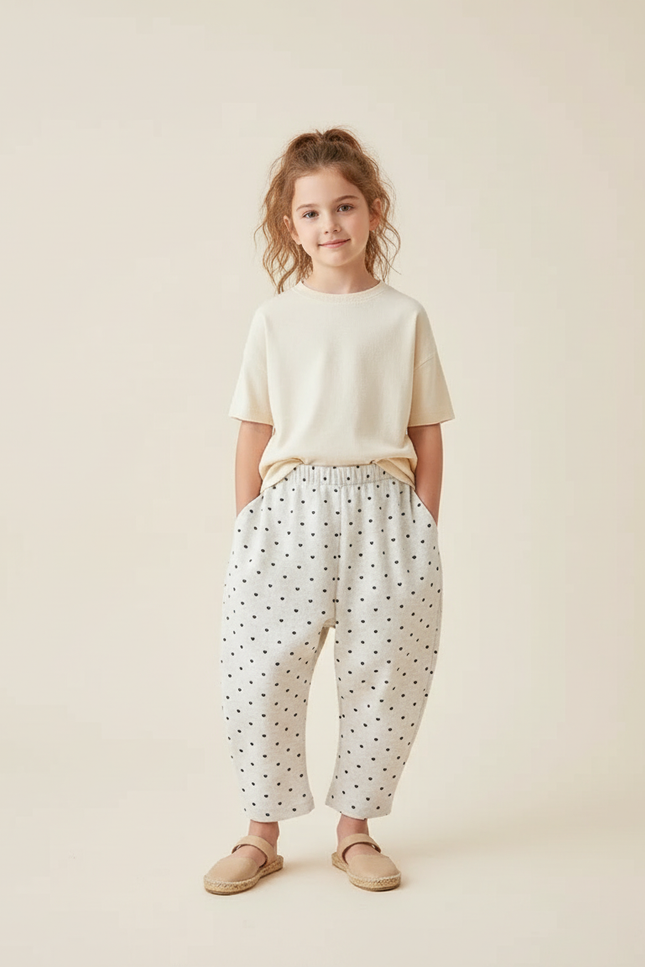 Pantalon Baggy Cœurs Gris Ample Décontracté Enfant - Molleton