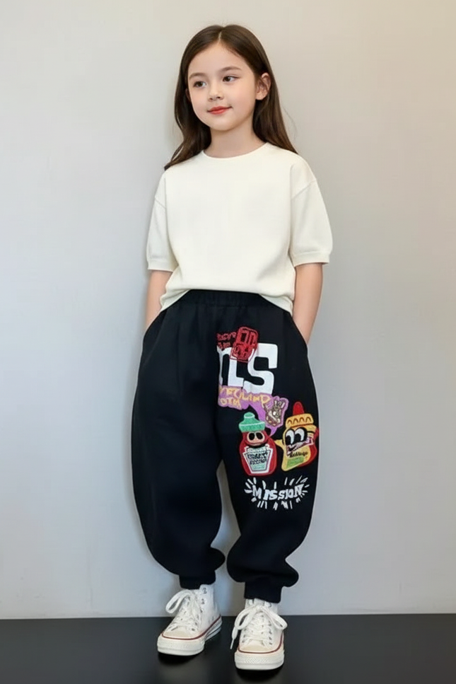Pantalon Baggy Noir Ample Motif Dessin Animé Enfant - Molleton