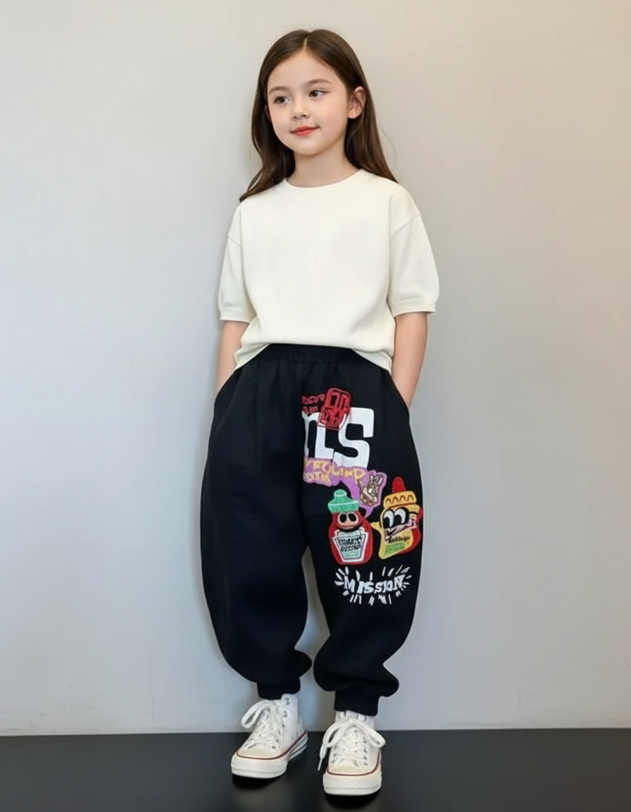 Pantalon Baggy Noir Ample Motif Dessin Animé Enfant - Molleton