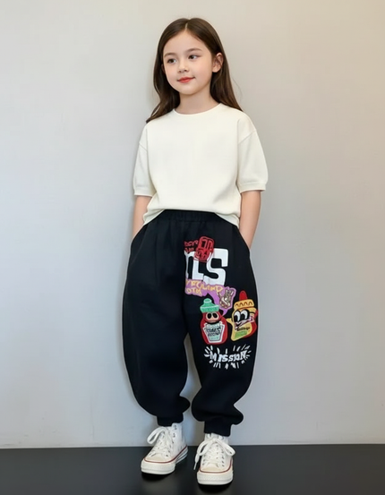 Pantalon Baggy Noir Ample Motif Dessin Animé Enfant - Molleton