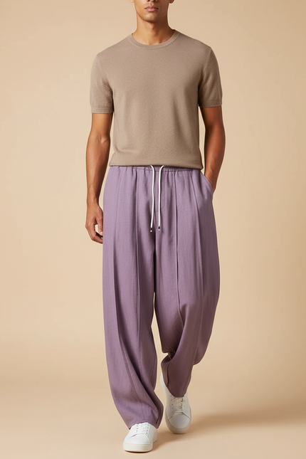 Pantalon Baggy Violet Ample Plissé Décontracté Homme - Viscose