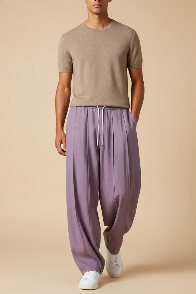 Pantalon Baggy Violet Ample Plissé Décontracté Homme - Viscose