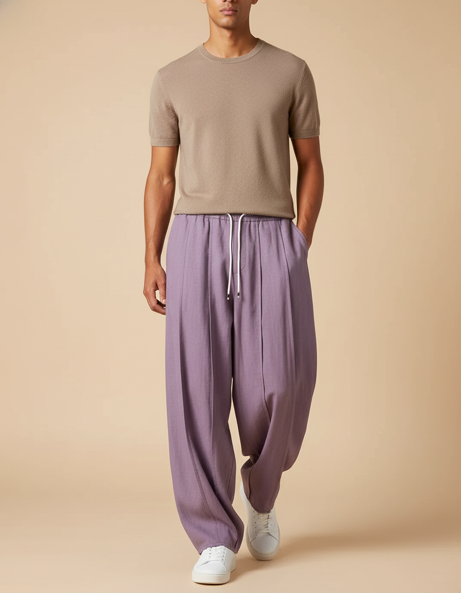 Pantalon Baggy Violet Ample Plissé Décontracté Homme - Viscose