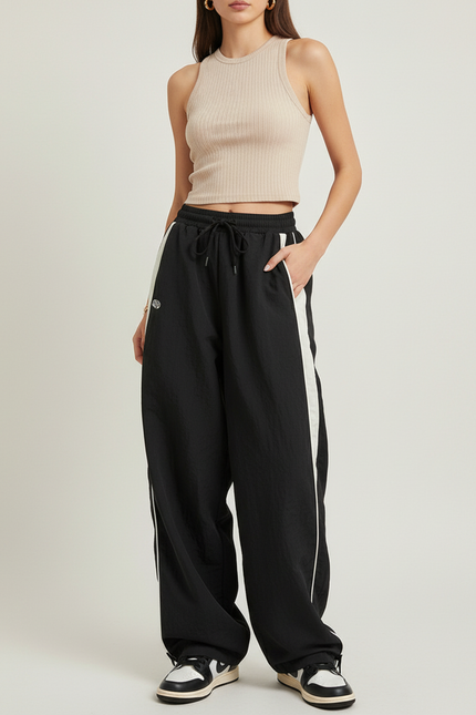 Pantalon Baggy Noir Ample Rayures Blanches Sport - Polyester