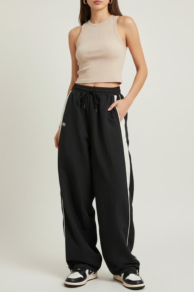 Pantalon Baggy Noir Ample Rayures Blanches Sport - Polyester