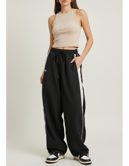 Pantalon Baggy Noir Ample Rayures Blanches Sport - Polyester