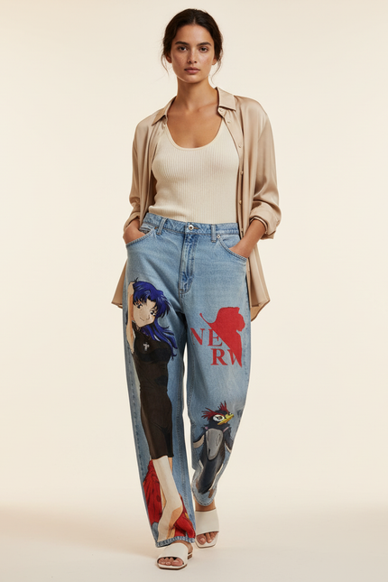 Pantalon Baggy Jean Clair Ample Imprimé Manga Femme - Bleu