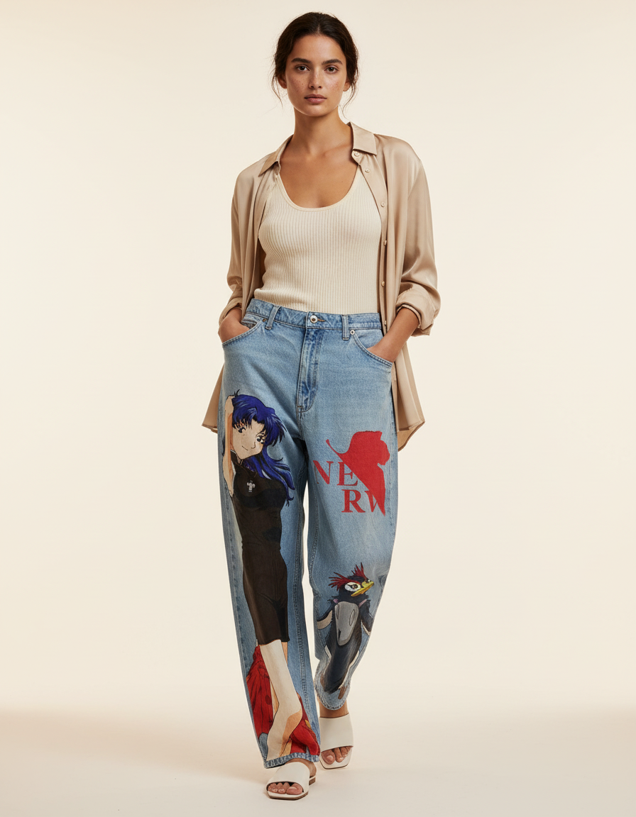 Pantalon Baggy Jean Clair Ample Imprimé Manga Femme - Bleu