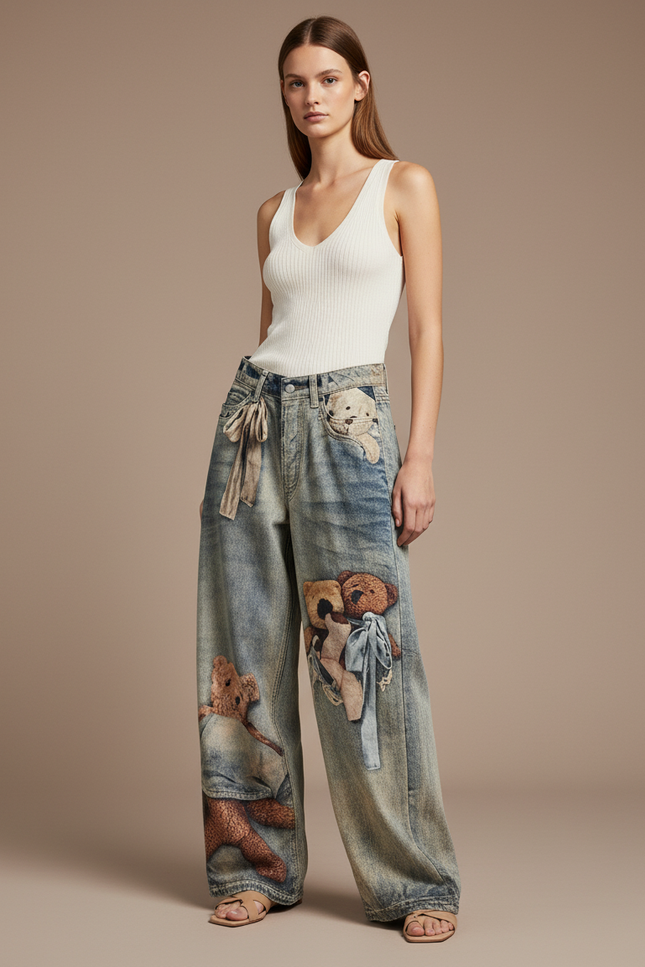 Pantalon Baggy Jean Délavé Ample Oursons Mignons - Bleu
