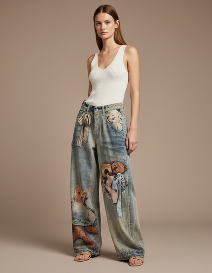 Pantalon Baggy Jean Délavé Ample Oursons Mignons - Bleu