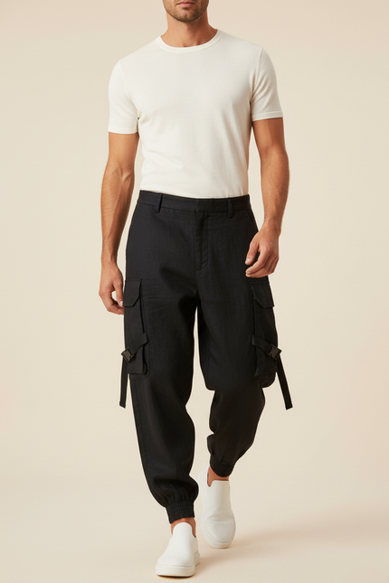 Pantalon Baggy Noir Cargo Décontracté Cordon Homme - Lin