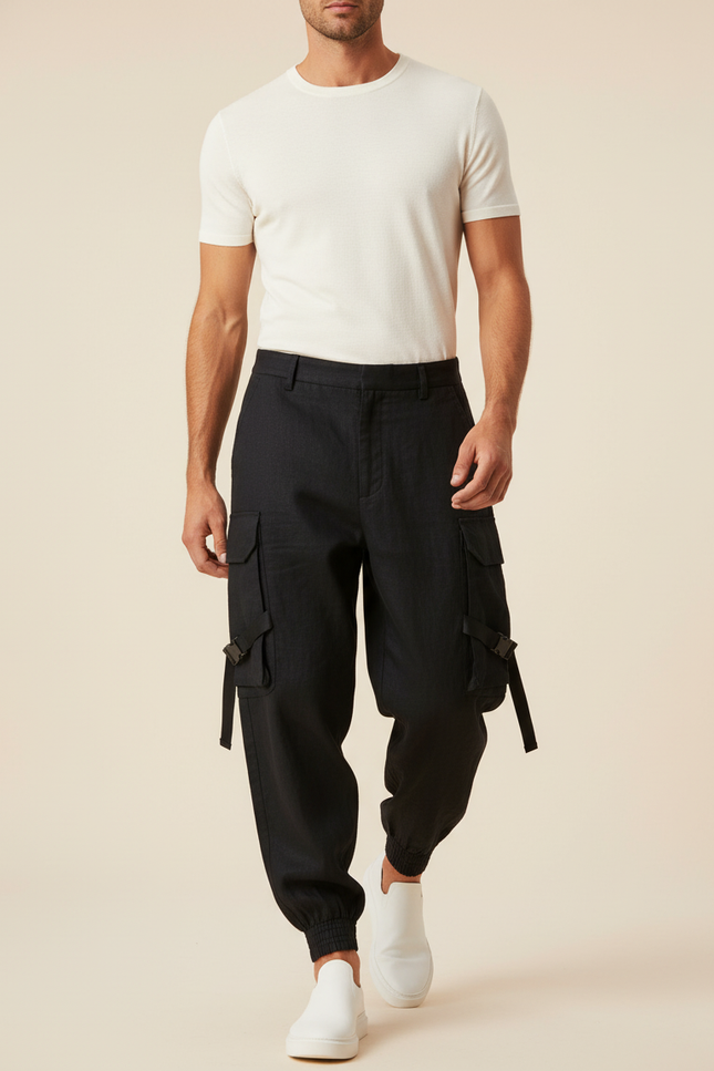 Pantalon Baggy Noir Cargo Décontracté Cordon Homme - Lin