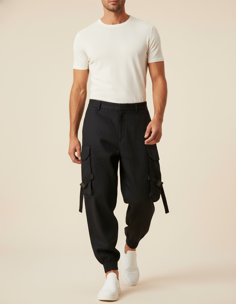 Pantalon Baggy Noir Cargo Décontracté Cordon Homme - Lin
