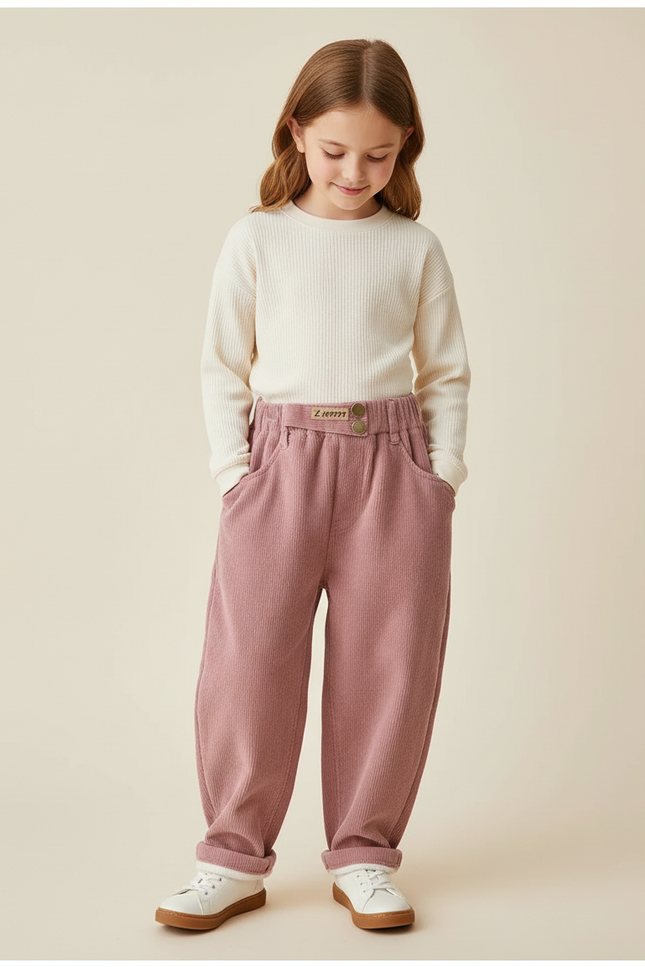 Pantalon Baggy Rose Côtelé Enfant Ample Décontracté - Cordé