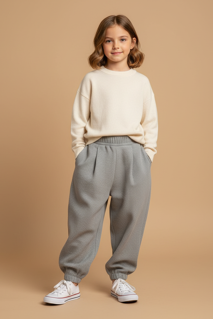 Pantalon Baggy Gris Texturé Ample Confortable Fille - Maille
