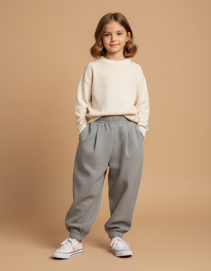 Pantalon Baggy Gris Texturé Ample Confortable Fille - Maille