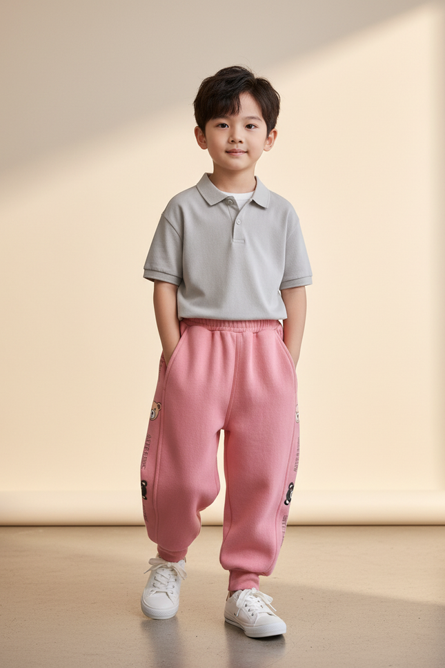 Pantalon Baggy Rose Enfant Molletonné Ours Décontracté