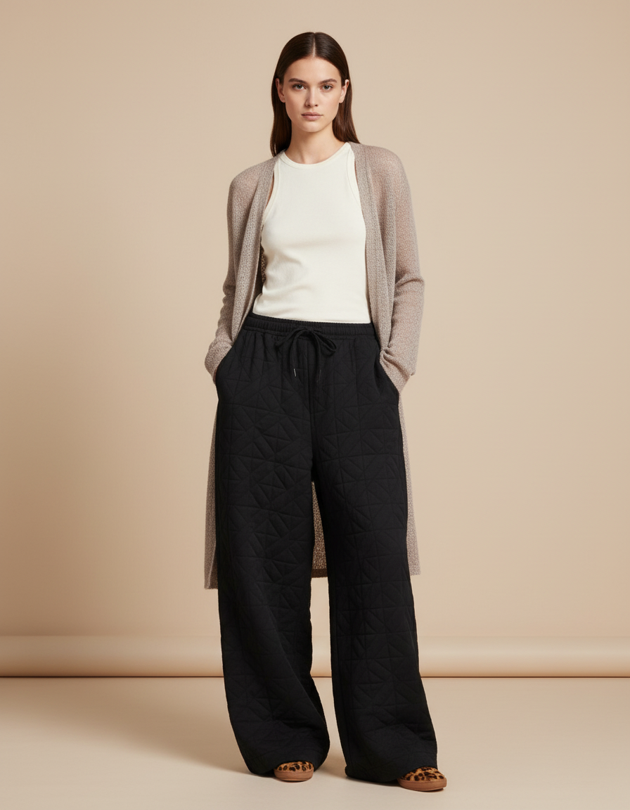 Pantalon Baggy Noir Matelassé Ample Chaud Hiver - Molleton