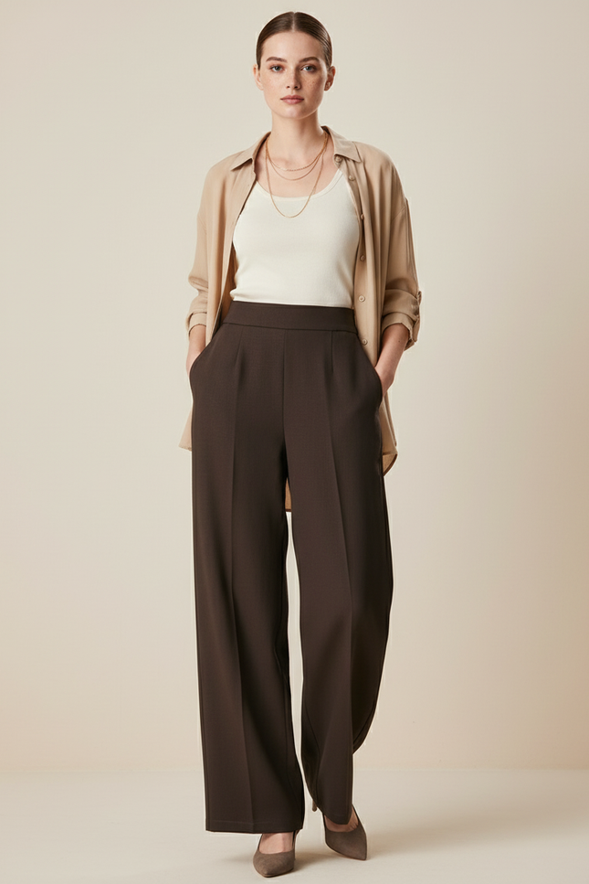 Pantalon Baggy Marron Ample Fluide Élégant Femme - Viscose
