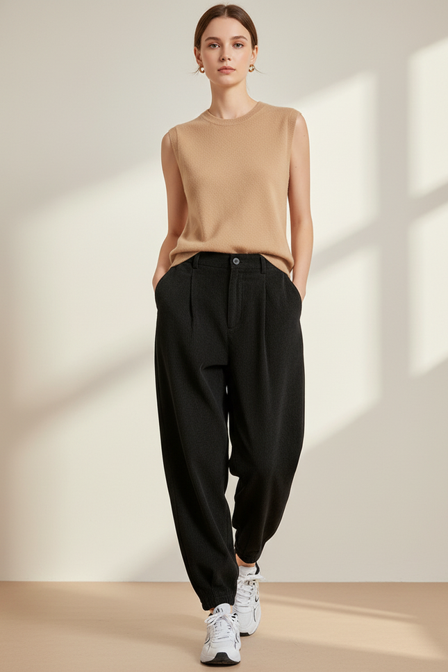 Pantalon Baggy Noir Côtelé Ample Décontracté Confortable - Cordé