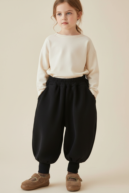 Pantalon Baggy Noir Ample Côtelé Épais Fille - Cordé