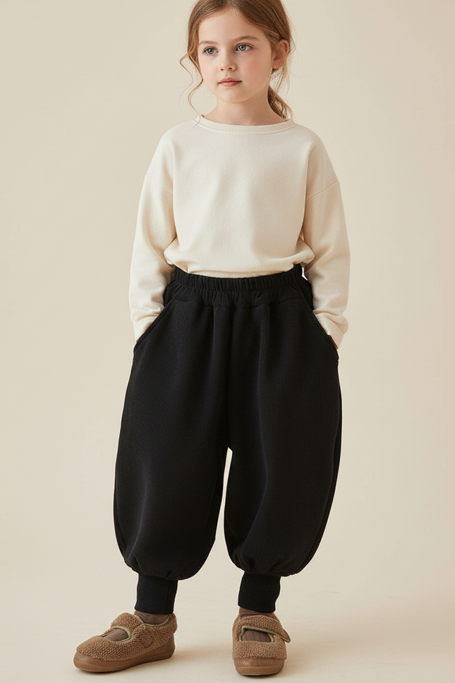 Pantalon Baggy Noir Ample Côtelé Épais Fille - Cordé