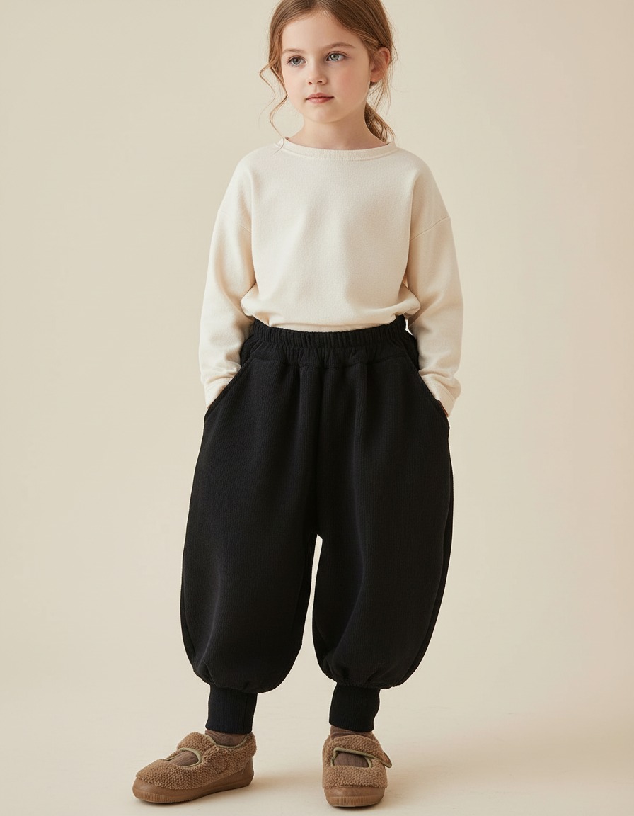 Pantalon Baggy Noir Ample Côtelé Épais Fille - Cordé