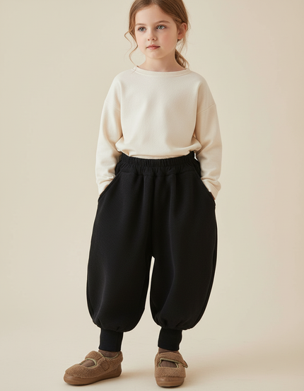 Pantalon Baggy Noir Ample Côtelé Épais Fille - Cordé