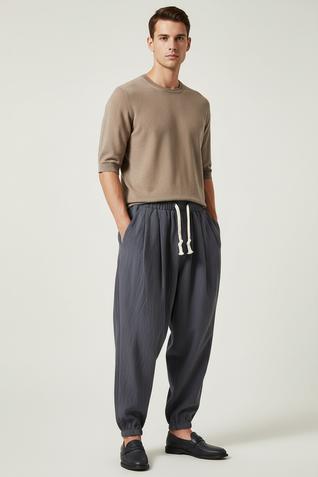 Pantalon Baggy Gris Foncé Lin Ample Cordon Homme
