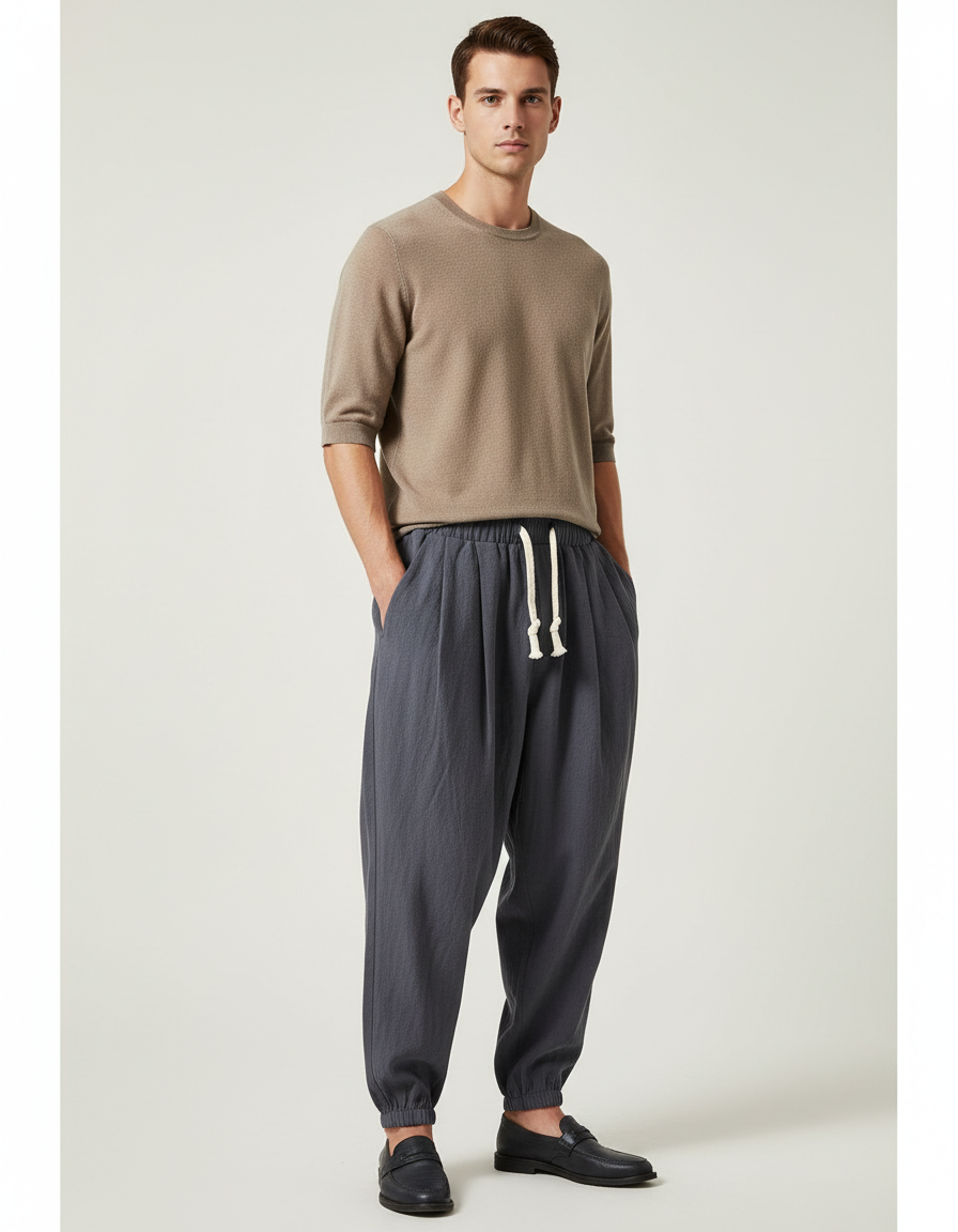 Pantalon Baggy Gris Foncé Lin Ample Cordon Homme