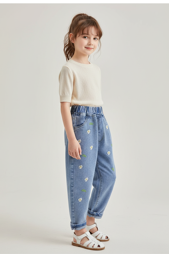 Pantalon Baggy Denim Bleu Clair Fleurs Brodées Fille - Jean