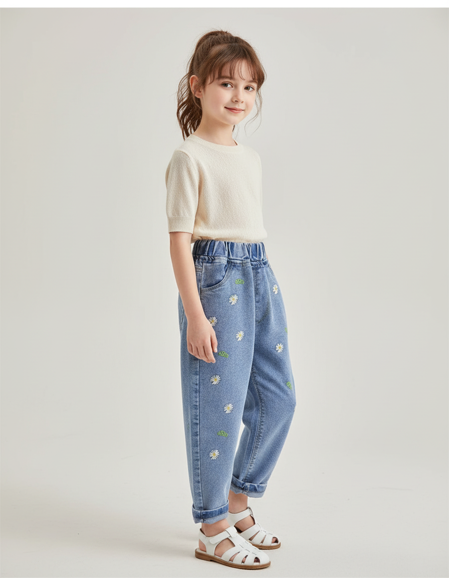 Pantalon Baggy Denim Bleu Clair Fleurs Brodées Fille - Jean