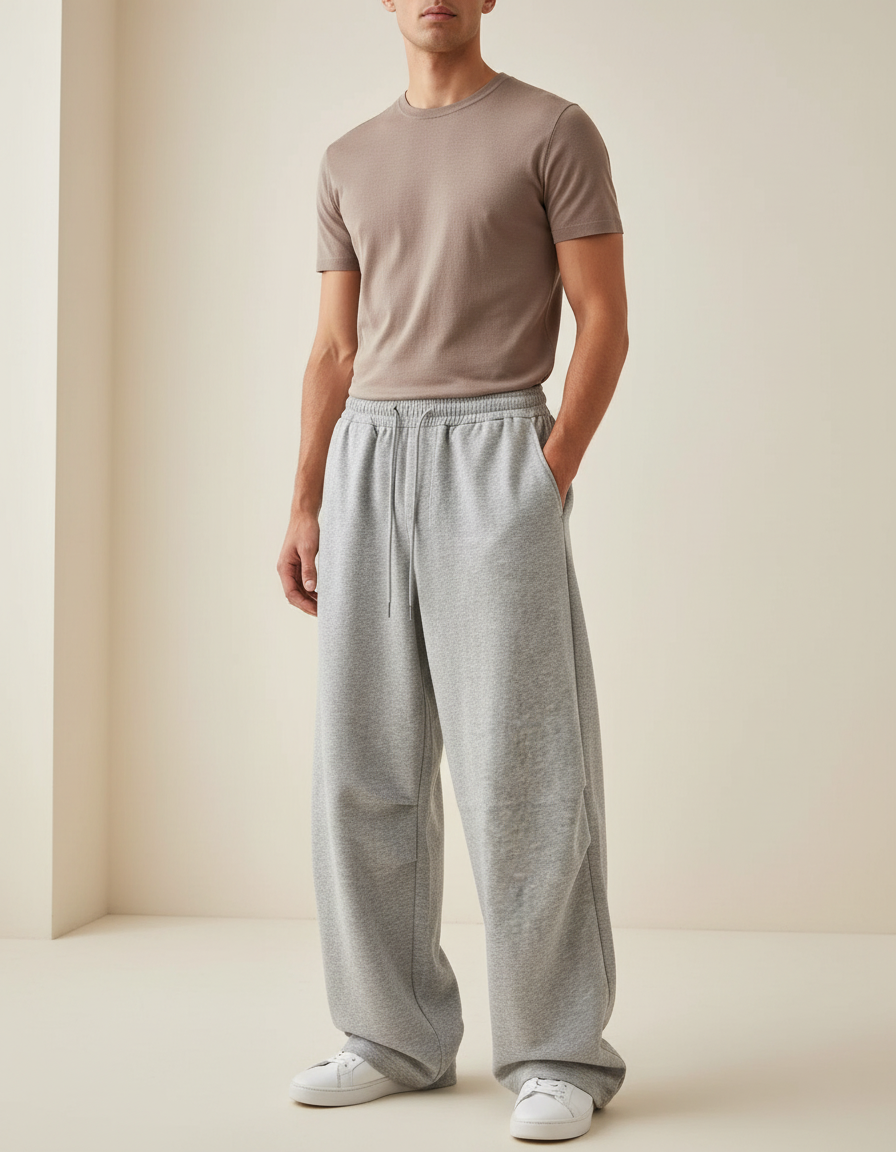 Pantalon Baggy Gris Clair Ample Décontracté Molletonné