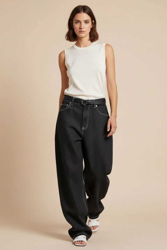 Pantalon Baggy Noir Denim Large Surpiqûres Blanches - Jean