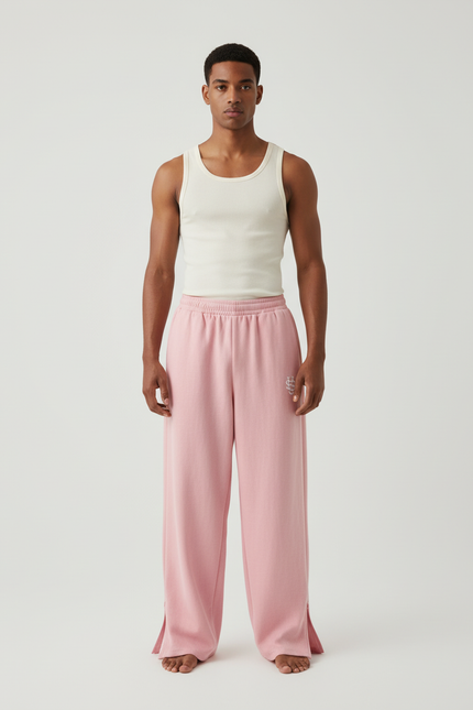 Pantalon Baggy Rose Ample Molletonné Brodé Unisexe