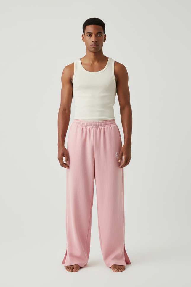 Pantalon Baggy Rose Ample Molletonné Brodé Unisexe