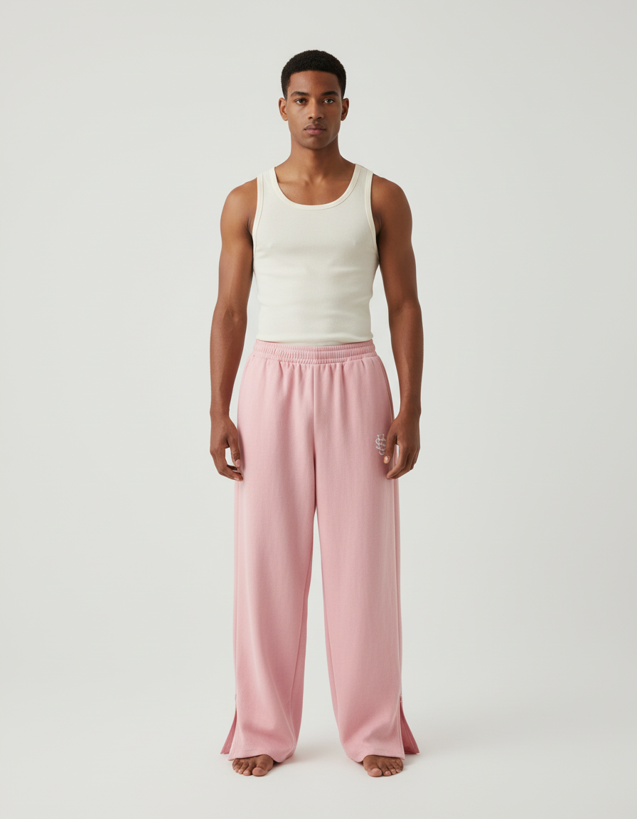 Pantalon Baggy Rose Ample Molletonné Brodé Unisexe