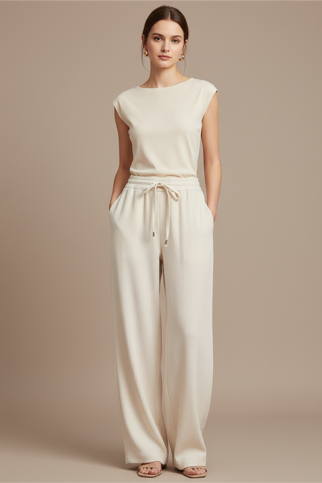 Pantalon Baggy Crème Côtelé Ample Décontracté Cordon - Beige Cordé