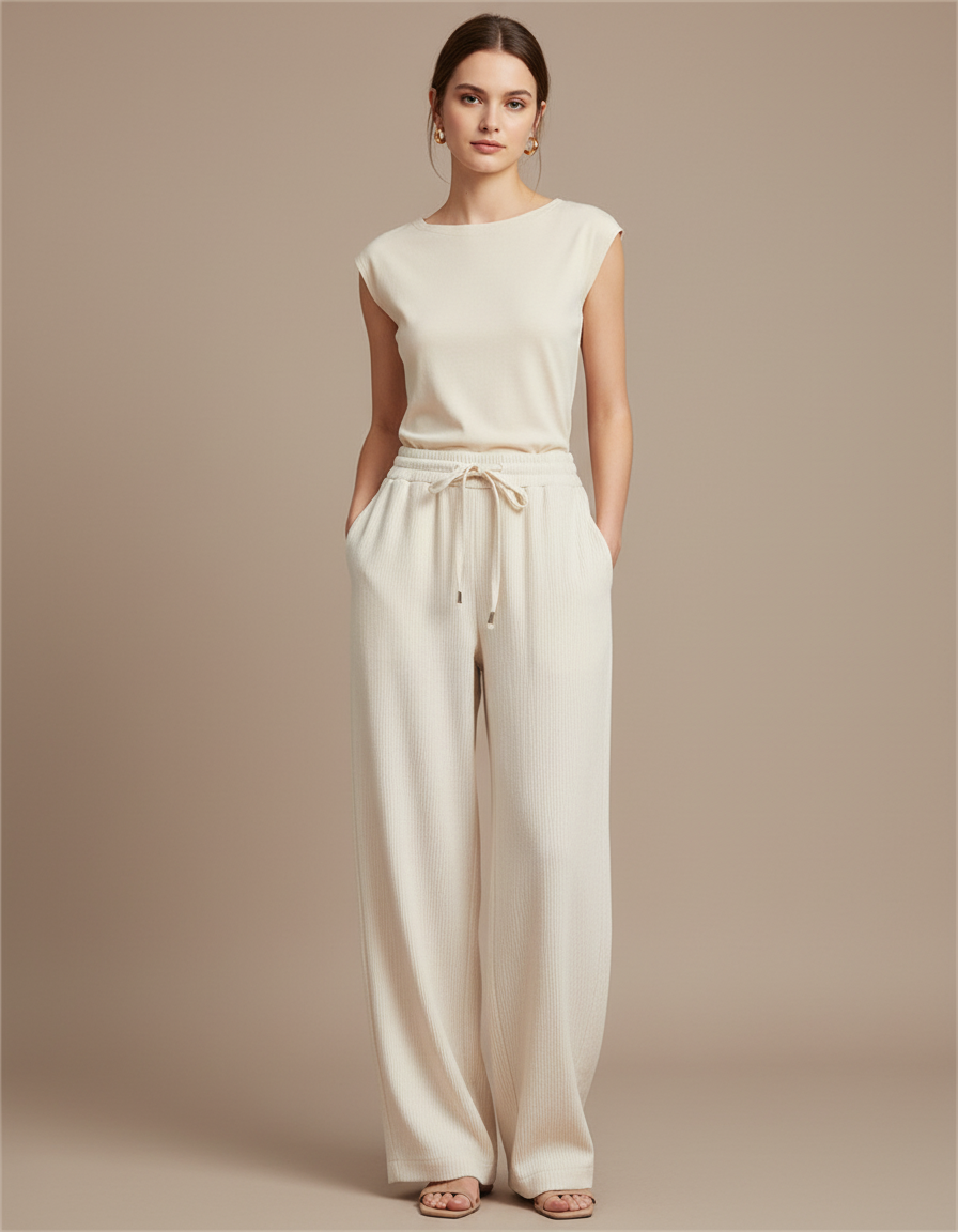 Pantalon Baggy Crème Côtelé Ample Décontracté Cordon - Beige Cordé
