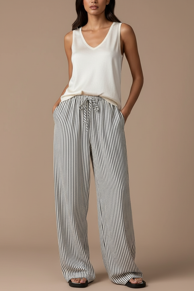 Pantalon Baggy Rayé Ample Fluide Cordon Femme - Imprimé Viscose