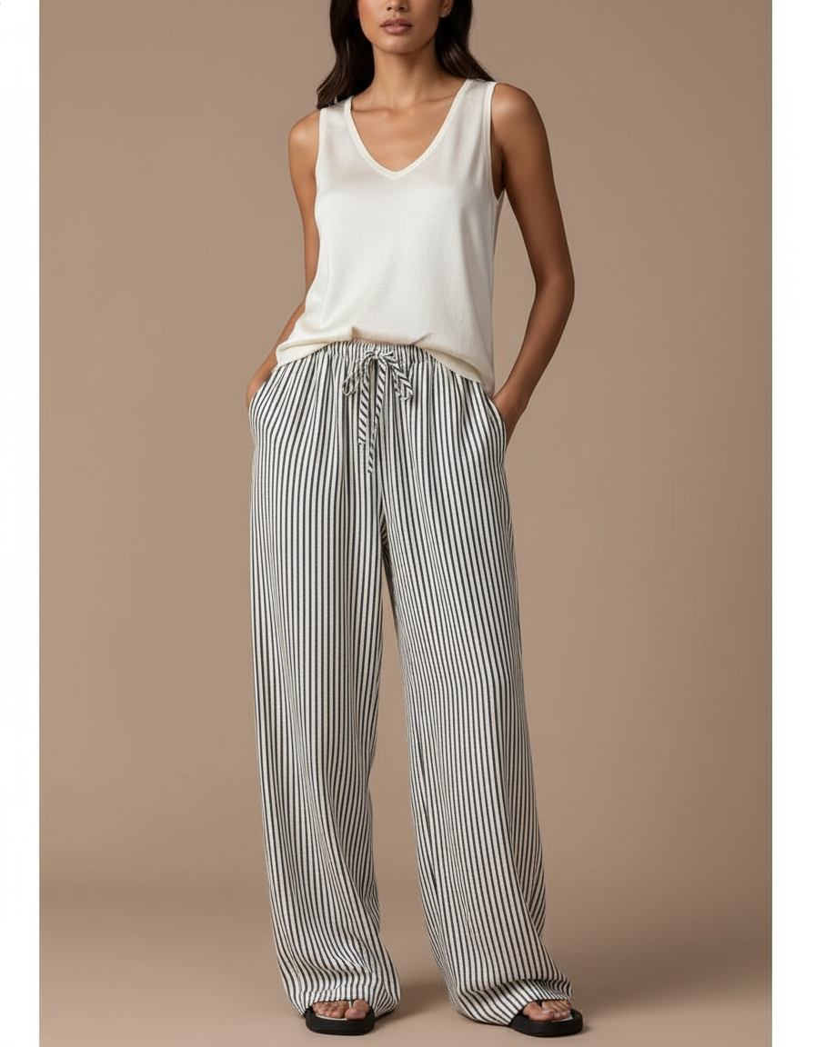 Pantalon Baggy Rayé Ample Fluide Cordon Femme - Imprimé Viscose