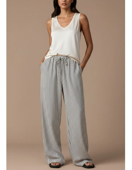 Pantalon Baggy Rayé Ample Fluide Cordon Femme - Imprimé Viscose