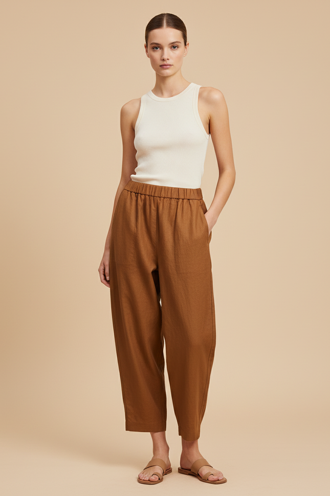 Pantalon Baggy Marron Ample Fluide Lin Femme
