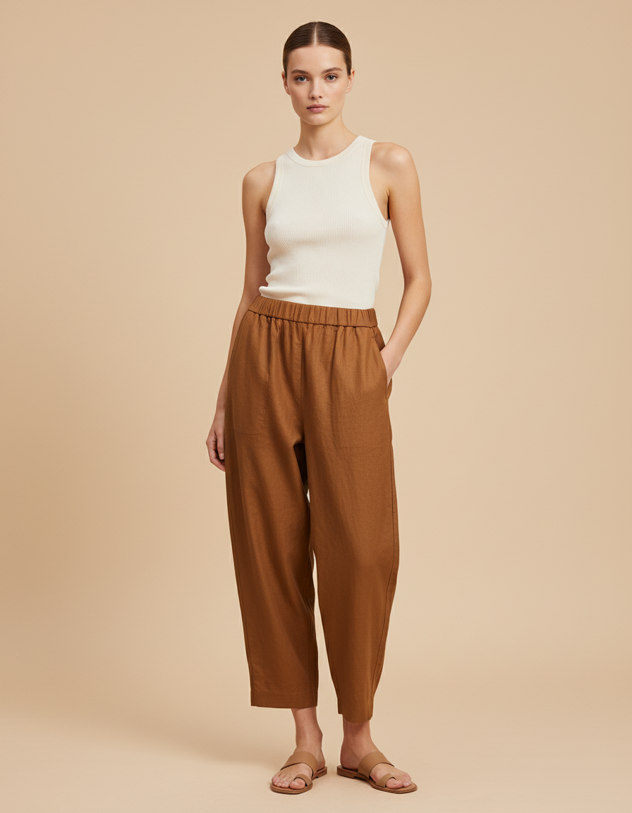 Pantalon Baggy Marron Ample Fluide Lin Femme