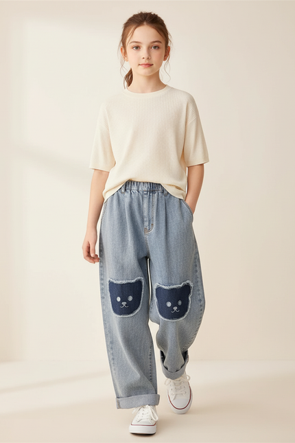 Pantalon Baggy Jean Bleu Ours Décontracté Ample Fille