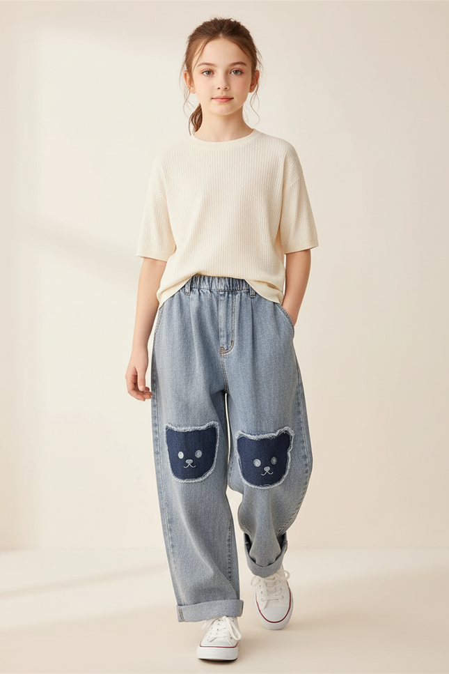 Pantalon Baggy Jean Bleu Ours Décontracté Ample Fille