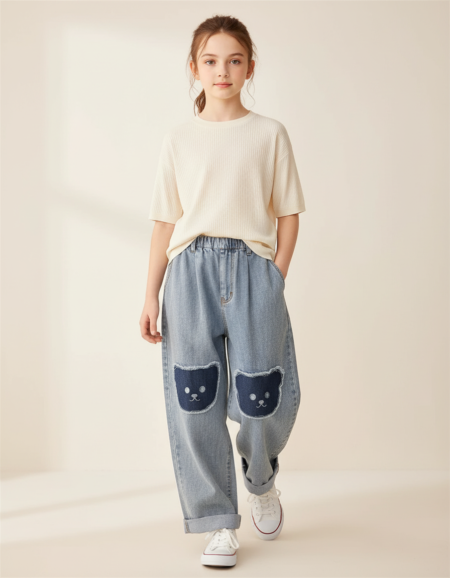 Pantalon Baggy Jean Bleu Ours Décontracté Ample Fille